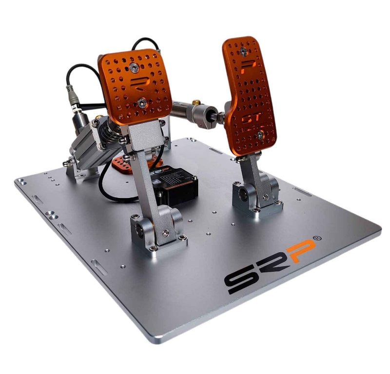 Sim racing pedal kit showing load-cell and pneumatic brake options for premium simulator builds